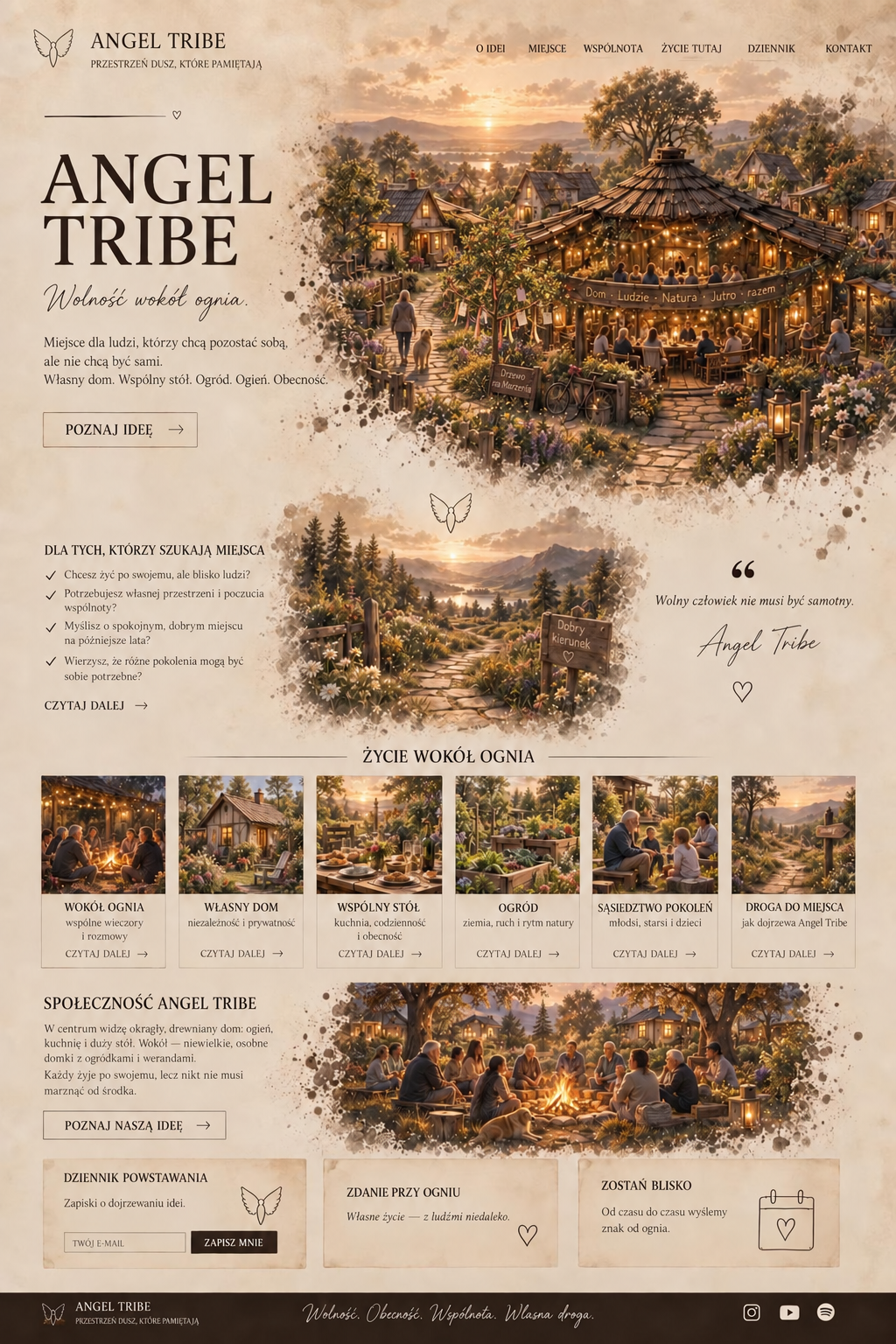 Ilustrowana mapa Angel Tribe: dom wspólny, ogień, osobne domki, ogród, ścieżka, ludzie różnych pokoleń i Drzewo na Marzenia przy domu.